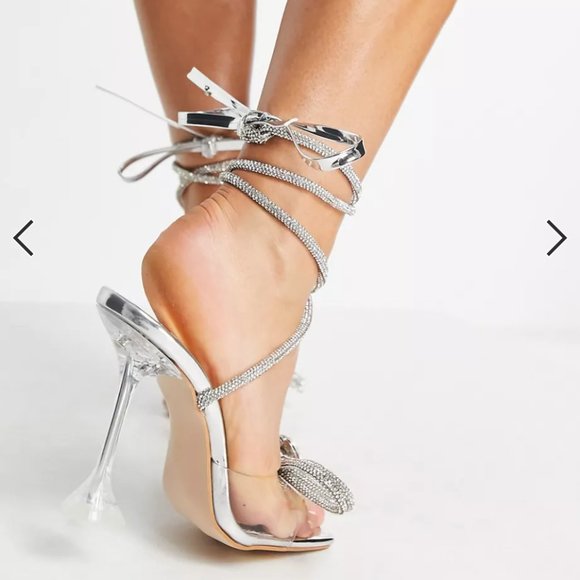 Public Desire Gleam Lace up Diamante Bow Sandals - Picture 3 of 9